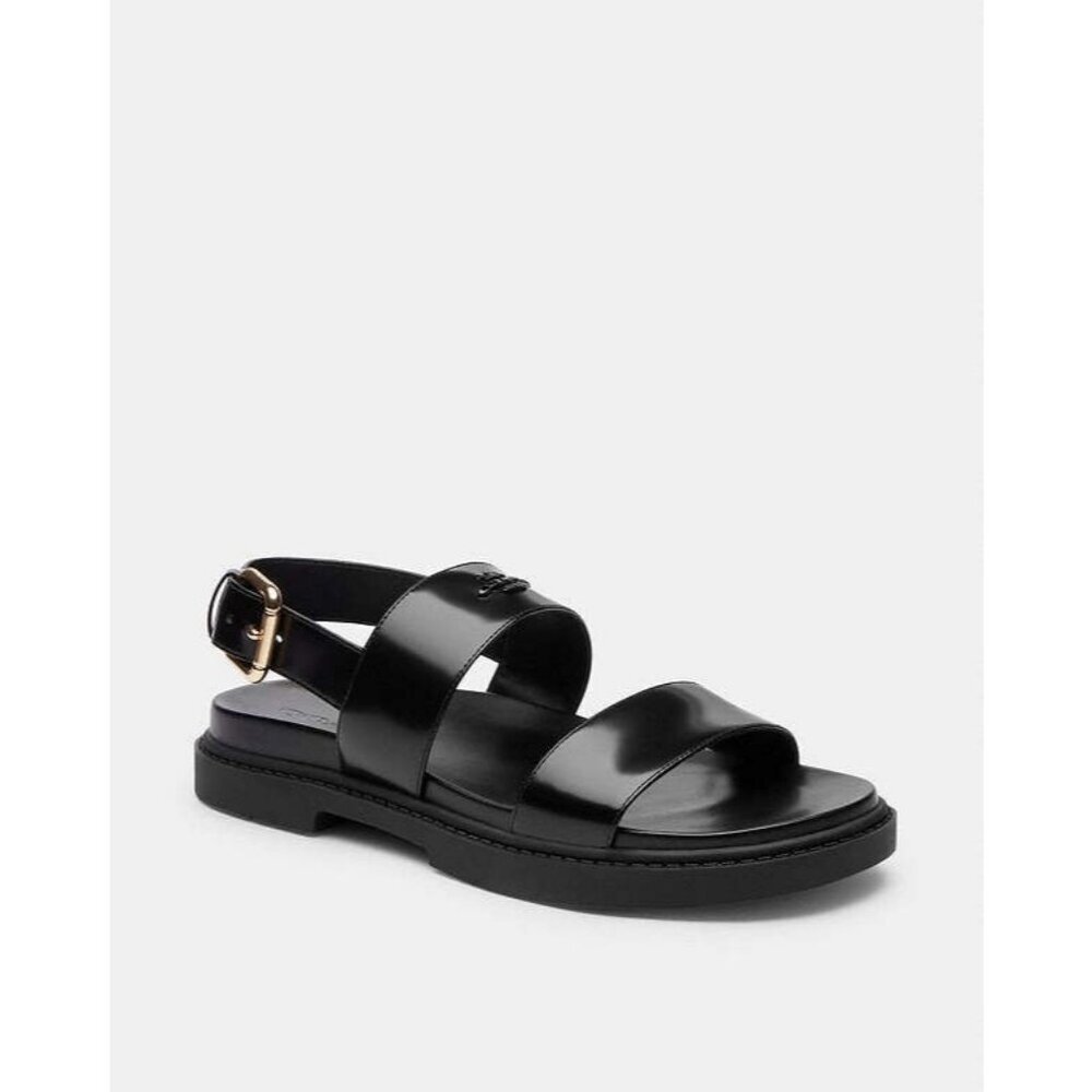 Coach Lockup Two Band Sandals Women's Black Gold-tone Buckle Closure